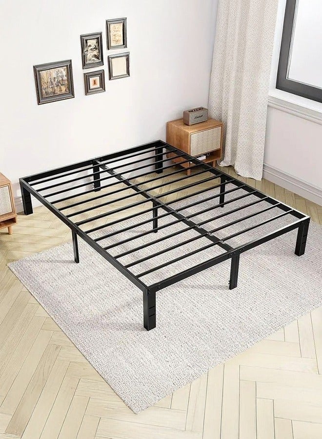 شو وو إطار سرير مزدوج مقاس 150*200 سم، إطار سرير منصة معدني مع قاعدة مرتبة من شرائح فولاذية، لا حاجة لنابض، مساحة تخزين أسفل الإطار، سهل التجميع، لون أسود. - Image 1