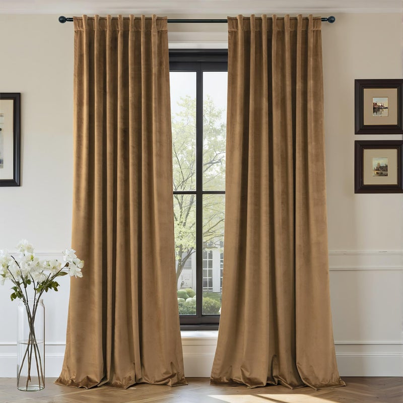 Pitalk Gold Brown Velvet Curtains 96 Inches Long for Bedroom 2 Panel Back Tab Rod Pocket Vintage Heavy Thick Thermal Insulated Light Reducing Floor to Ceiling Drape for Living Room 8FT Length Noise Reducing - Image 1