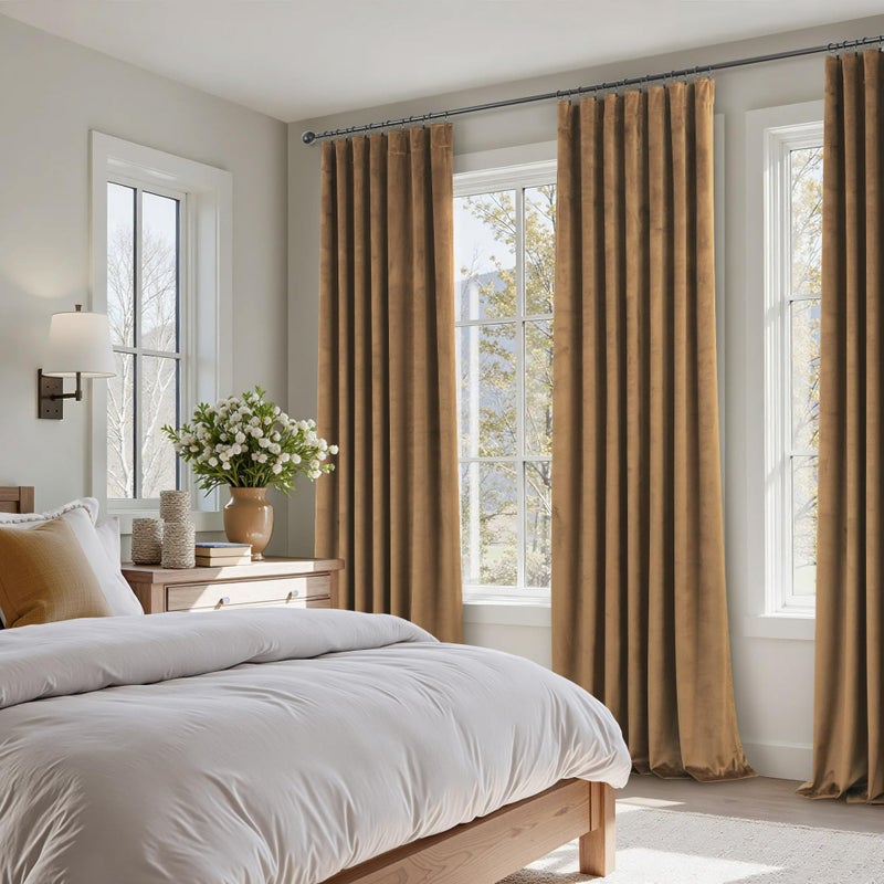 Pitalk Gold Brown Velvet Curtains 96 Inches Long for Bedroom 2 Panel Back Tab Rod Pocket Vintage Heavy Thick Thermal Insulated Light Reducing Floor to Ceiling Drape for Living Room 8FT Length Noise Reducing - Image 3