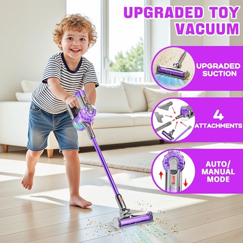 BLAXTEM 4in1 Toy Kids Vacuum That Works with Suction Electric Toy Toddler Vacuum Cleaner for Children Ages 3 4 5 6 Boys GirlsToddlers Toys Cleaning Set for Pretend Play Purple - Image 5