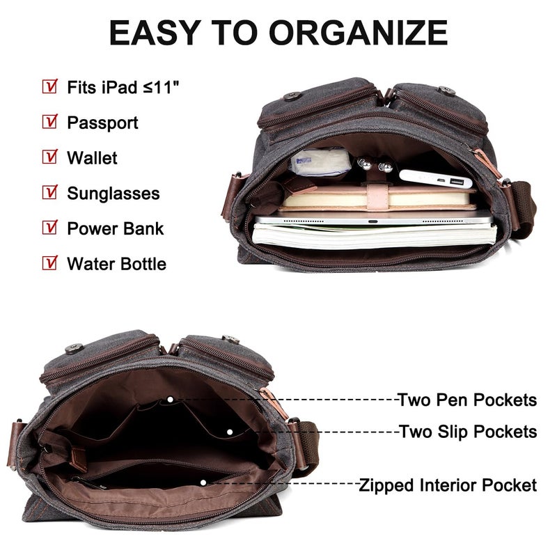 Kasqo Small Messenger Bag for Men, Vintage Canvas Crossbody Shoulder Bags for Women, Anti-Theft Purse for Travel Work, Grey - Image 4
