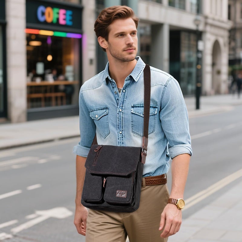 Kasqo Small Messenger Bag for Men, Vintage Canvas Crossbody Shoulder Bags for Women, Anti-Theft Purse for Travel Work, Grey - Image 2