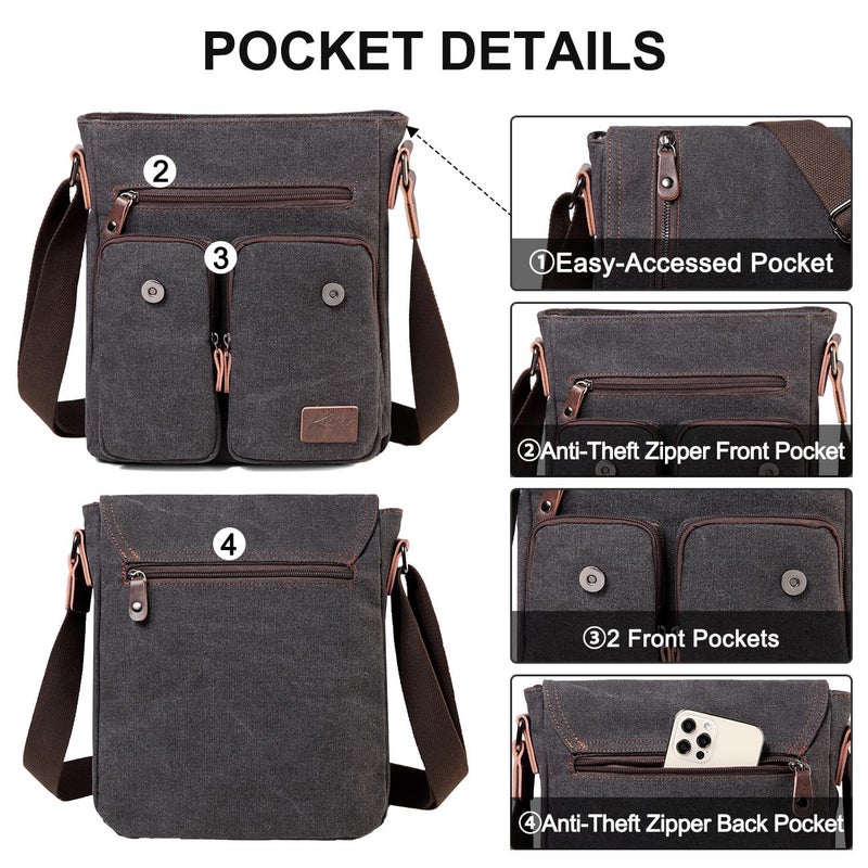 Kasqo Small Messenger Bag for Men, Vintage Canvas Crossbody Shoulder Bags for Women, Anti-Theft Purse for Travel Work, Grey - Image 5
