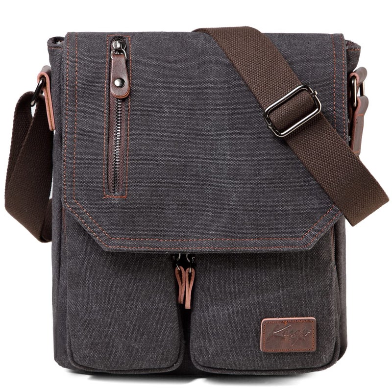 Kasqo Small Messenger Bag for Men, Vintage Canvas Crossbody Shoulder Bags for Women, Anti-Theft Purse for Travel Work, Grey - Image 1