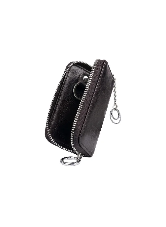 Mobcos Mobcos Black Small Genuine Leather Key Case Wallet for Men & Women – Portable Car Key Holder with 6 Hooks, Zipper Closure, Card Slots & Key Chain