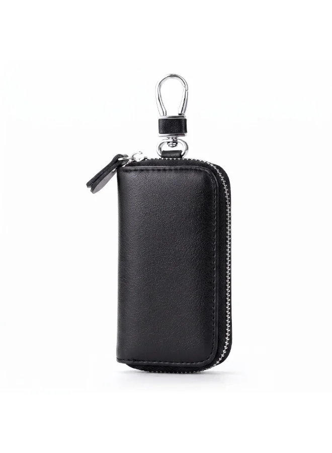 Mobcos Mobcos Black Small Genuine Leather Key Case Wallet for Men & Women – Portable Car Key Holder with 6 Hooks, Zipper Closure, Card Slots & Key Chain