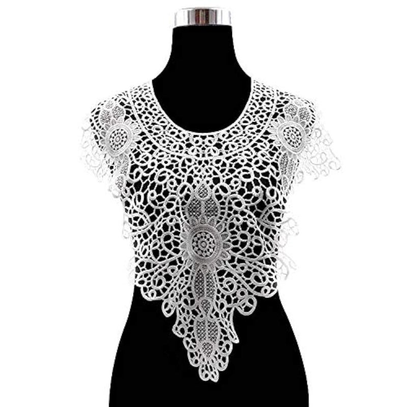 FEEPOP 1 Sets FrontBack PinkRedBlackWhite Lace Neckline Collar Beautiful Flower Lace Applique Trim Lace Fabric DIY Sewing Supplies2Slices White 1 - Image 2