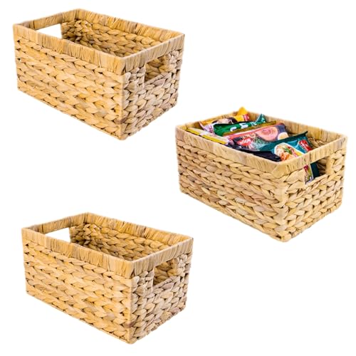 M4DECOR Set of 3 Water Hyacinth Storage Baskets – Wicker Baskets for Shelves, Decorative Woven Organizer Bin for Bathroom, Closet, or Pantry (3-Pack Medium) - Image 1