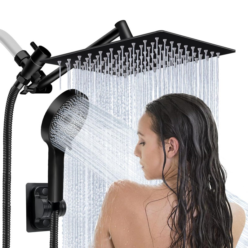 Ashwanth Shower Head,8â€Rain Shower Head with Handheld Spray Combo and Adjustable Extension Arm/3-Way Flow Regulator/Shower System,High Pressure Rain Fall Hose,Matt Black - Image 1