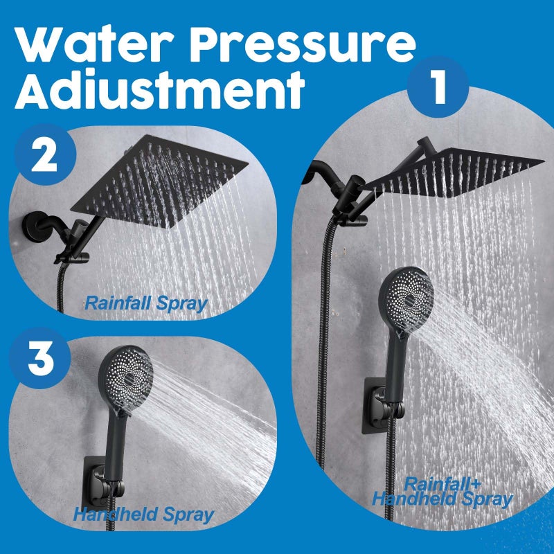 Ashwanth Shower Head,8â€Rain Shower Head with Handheld Spray Combo and Adjustable Extension Arm/3-Way Flow Regulator/Shower System,High Pressure Rain Fall Hose,Matt Black - Image 2