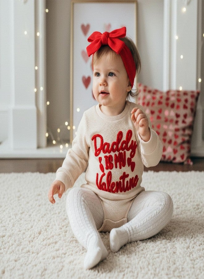 Ayalinggo Newborn Baby Girl Valentine's Outfit Daddy Is My Valentine Bubble Romper Cute Infant Waffle Jumpsuit Spring Clothes (Beige, 6-12 Months) - Image 2