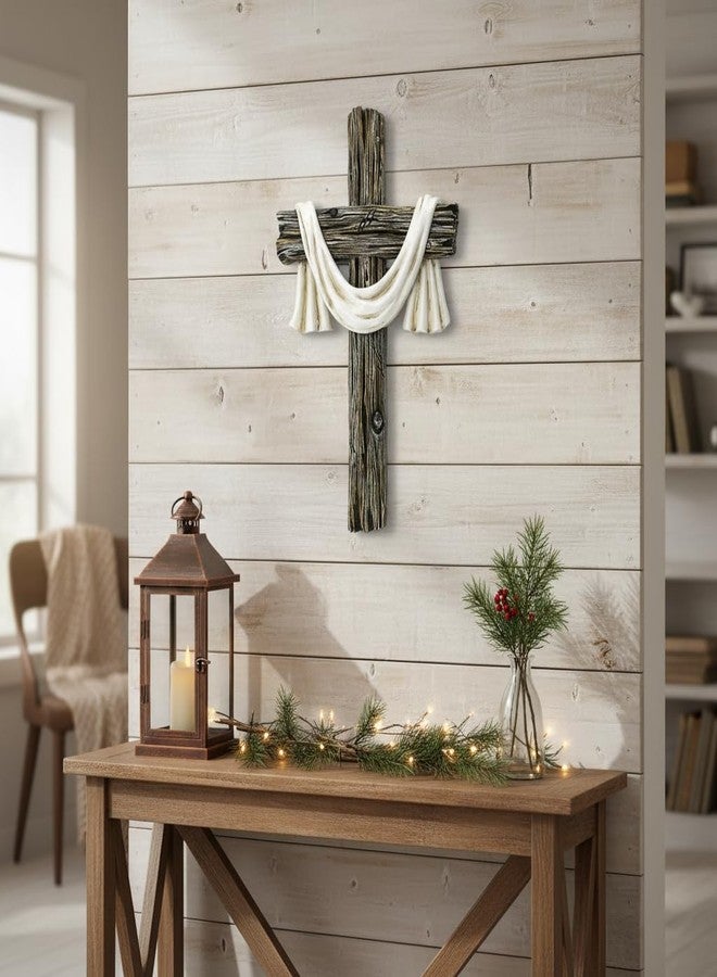 Comfy Hour 13" Rustic Brown Wall Cross Decor, Christian Farmhouse Wall Art with White Cloth, Wooden Look Religious Cross Plaque for Living Room, Bedroom, Entryway, Resin Sculpture Home & Communion Decor - Image 2
