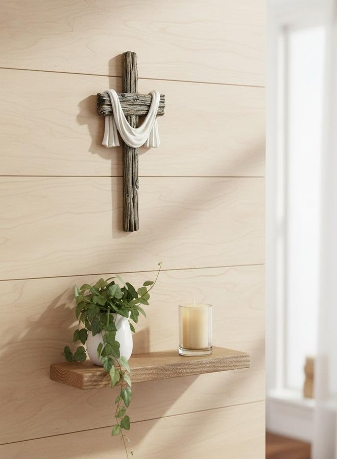 Comfy Hour 13" Rustic Brown Wall Cross Decor, Christian Farmhouse Wall Art with White Cloth, Wooden Look Religious Cross Plaque for Living Room, Bedroom, Entryway, Resin Sculpture Home & Communion Decor - Image 3