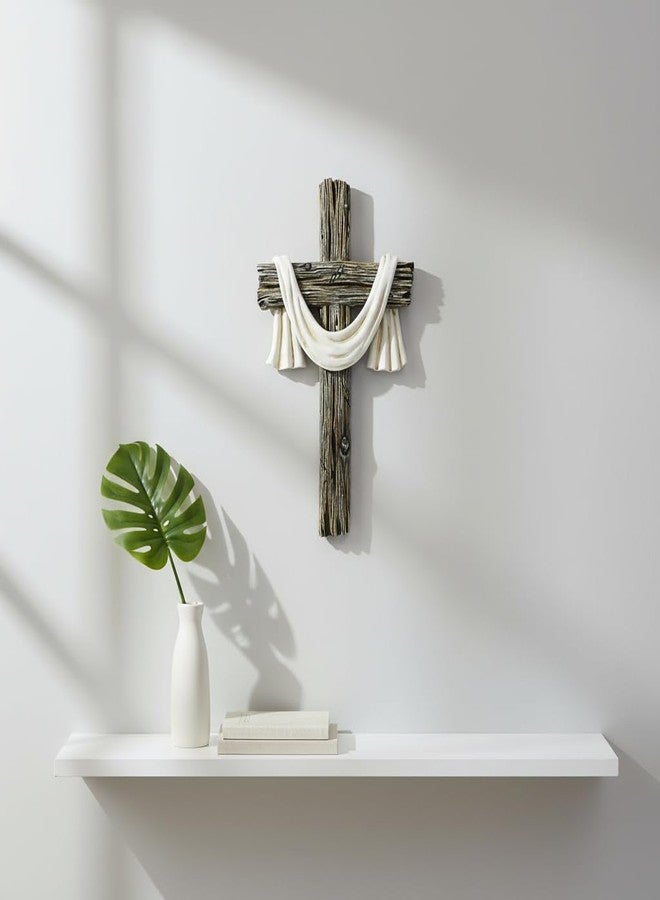 Comfy Hour 13" Rustic Brown Wall Cross Decor, Christian Farmhouse Wall Art with White Cloth, Wooden Look Religious Cross Plaque for Living Room, Bedroom, Entryway, Resin Sculpture Home & Communion Decor - Image 4