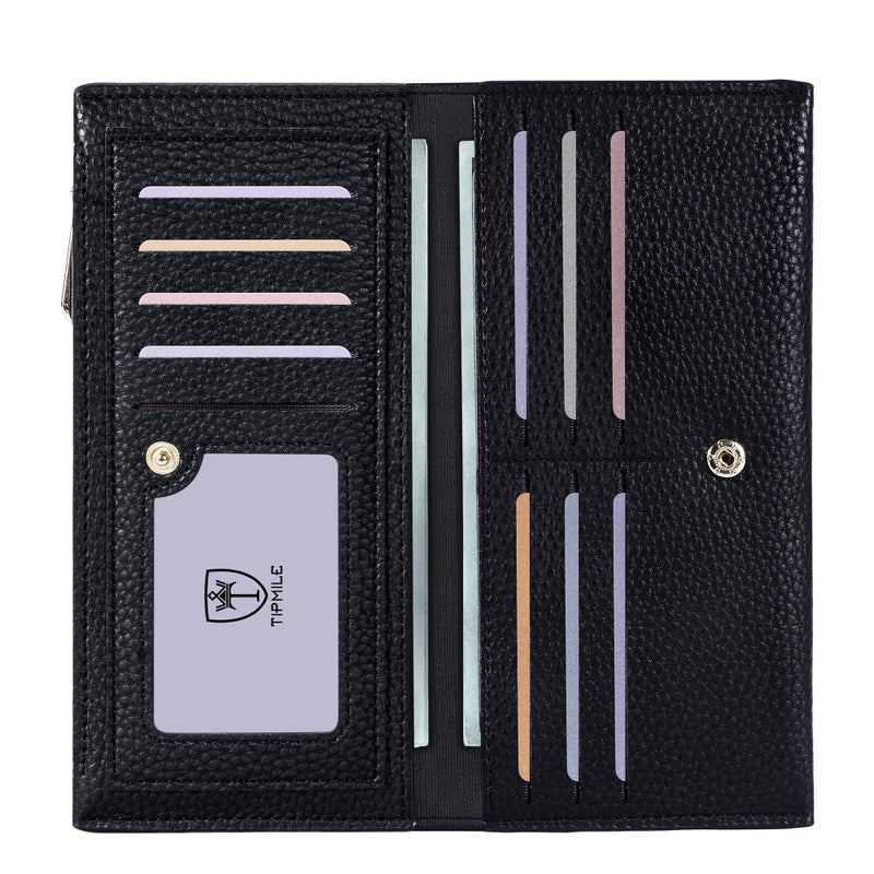 Tipmile Slim Wallet for Women, RFID Blocking Credit Card Holder, Ladies Bifold Wallet with Zipper, Black - Image 1