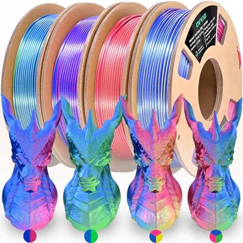 OVVNYXE OVV3D حزمة خيوط الطابعة ثلاثية الأبعاد، خيط PLA بقطر 1.75 مم+/- 0.02 مم، 4 عبوات من خيوط PLA متعددة الألوان وثلاثية الألوان للتعايش الحريري، خيط PLA قوس قزح للطباعة ثلاثية الأبعاد، 4 بكرات × 200 جرام - Image 1