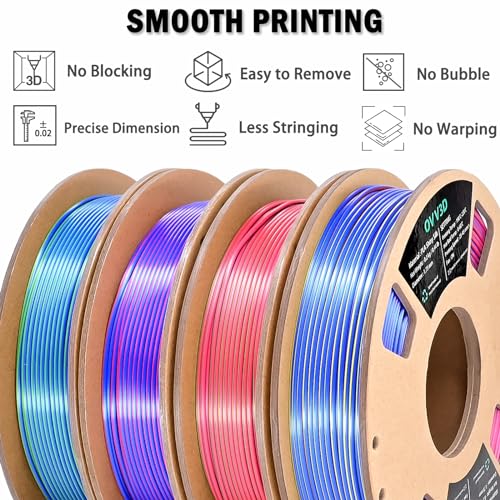 OVVNYXE OVV3D حزمة خيوط الطابعة ثلاثية الأبعاد، خيط PLA بقطر 1.75 مم+/- 0.02 مم، 4 عبوات من خيوط PLA متعددة الألوان وثلاثية الألوان للتعايش الحريري، خيط PLA قوس قزح للطباعة ثلاثية الأبعاد، 4 بكرات × 200 جرام - Image 5