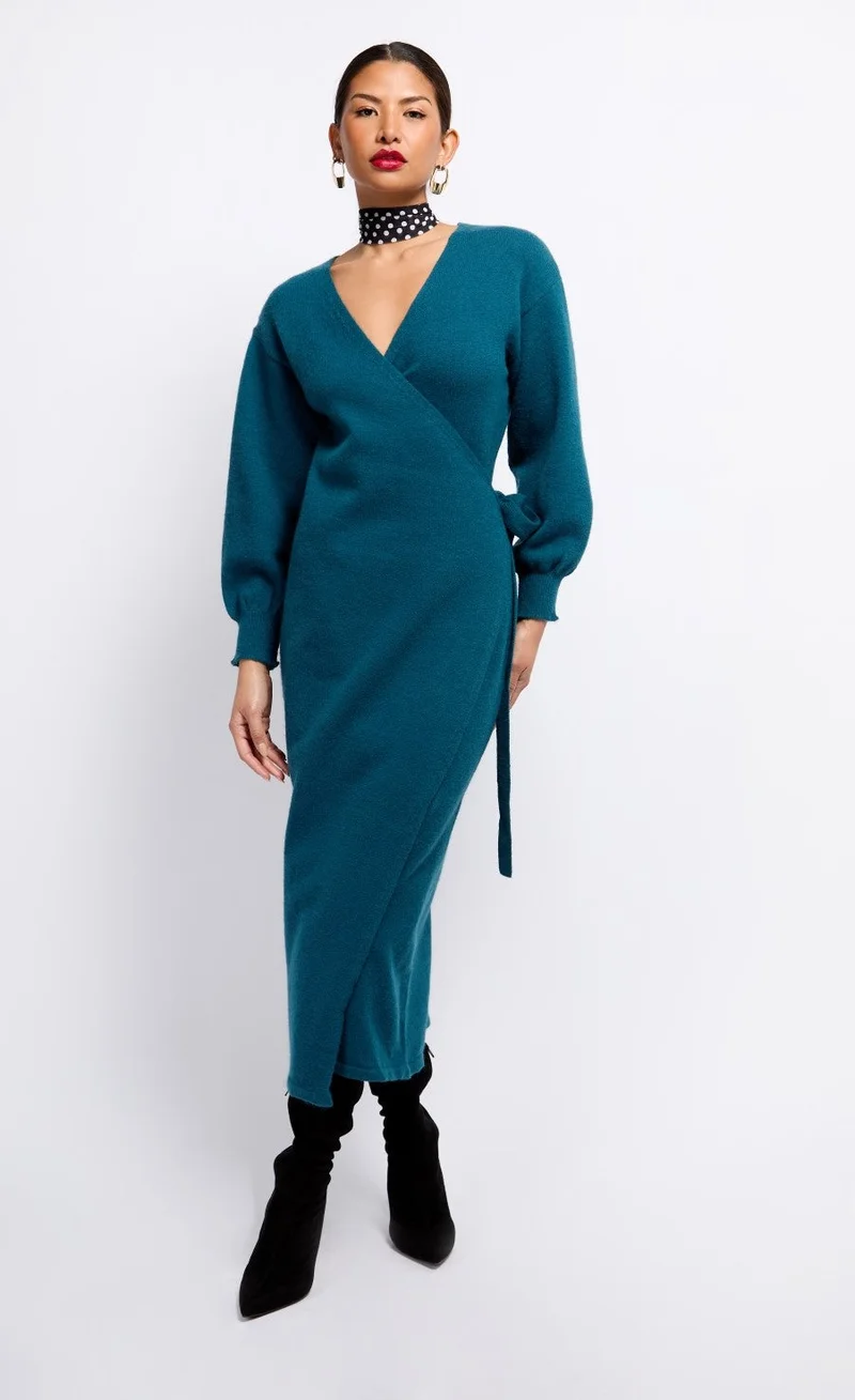 Little Mistress Petrol Knit Midaxi Wrap Dress