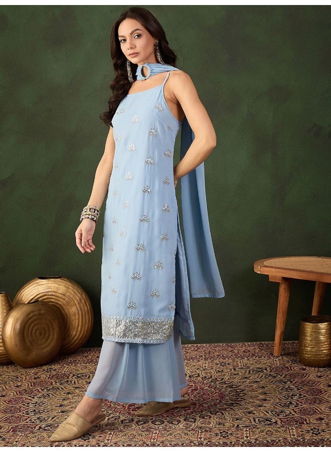 AKS Powder Blue Sequinned Kurta Sharara - Image 5