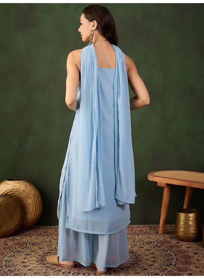 AKS Powder Blue Sequinned Kurta Sharara - Image 4