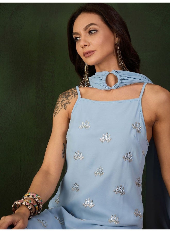 AKS Powder Blue Sequinned Kurta Sharara - Image 2