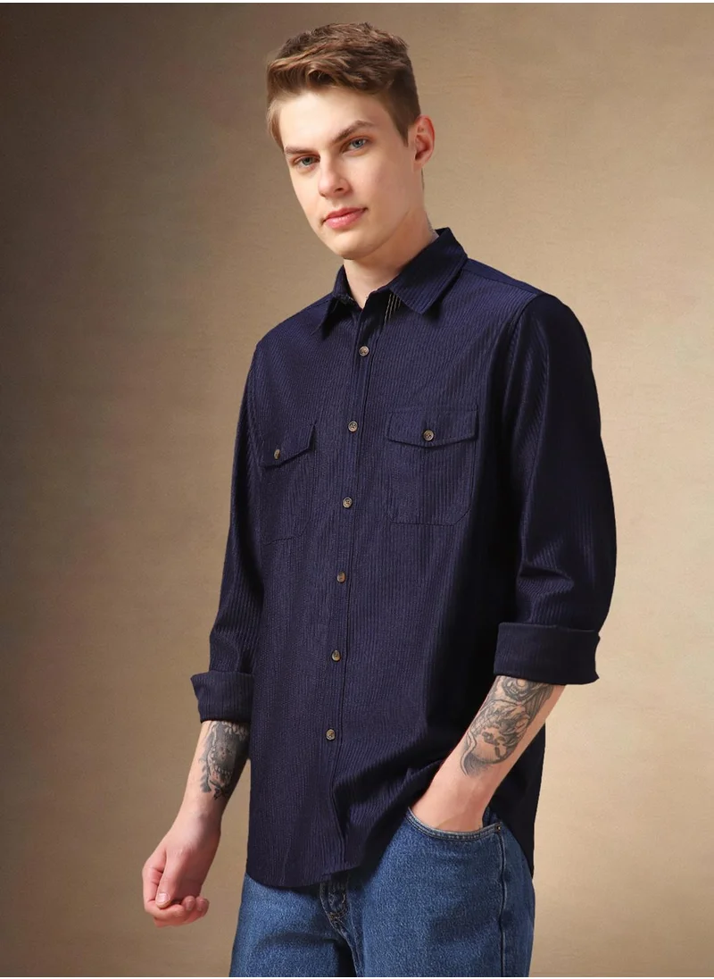 دينيس لينغو Men's Navy 100% Polyester Solid Shirt