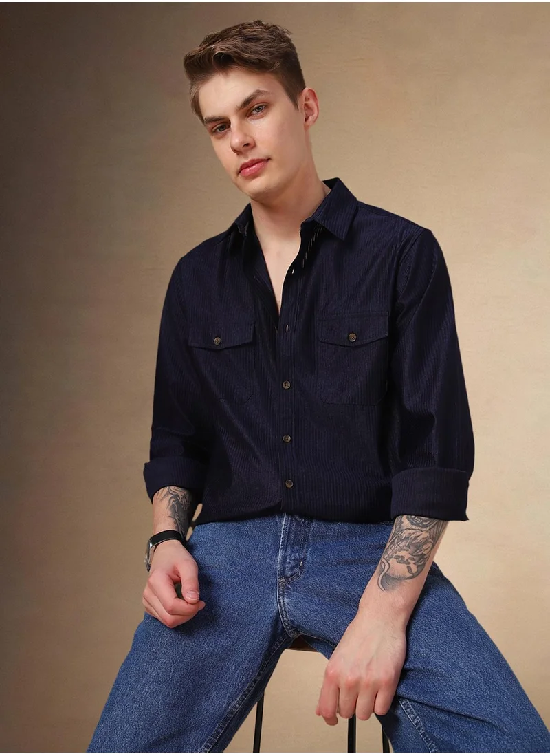 دينيس لينغو Men's Navy 100% Polyester Solid Shirt