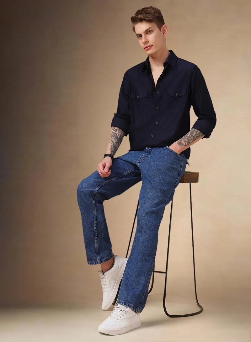Dennis Lingo Men's Navy 100% Polyester Solid Shirt