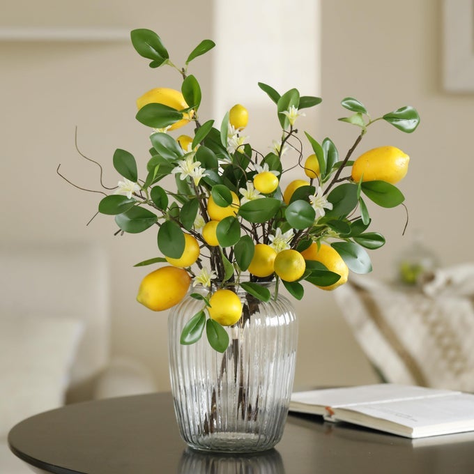 ARTIFICIAL LEMONS BRANCHES 8 HEAD FAUX LEMONS WITH STEM FAKE LEMON THEMED FOR KITCHEN DECORATION PARTY SPRING SUMMER DECOR YELLOW