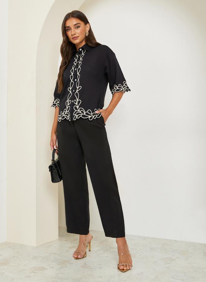 Styli Women Black Embroidered Short Sleeve Shirt - Image 2