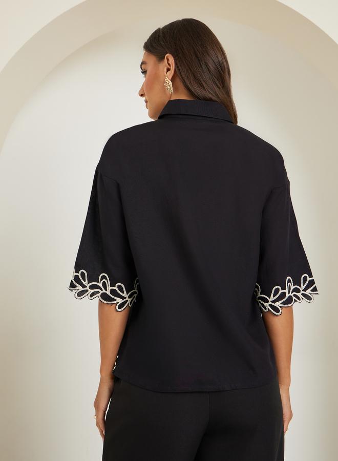 Styli Women Black Embroidered Short Sleeve Shirt - Image 4