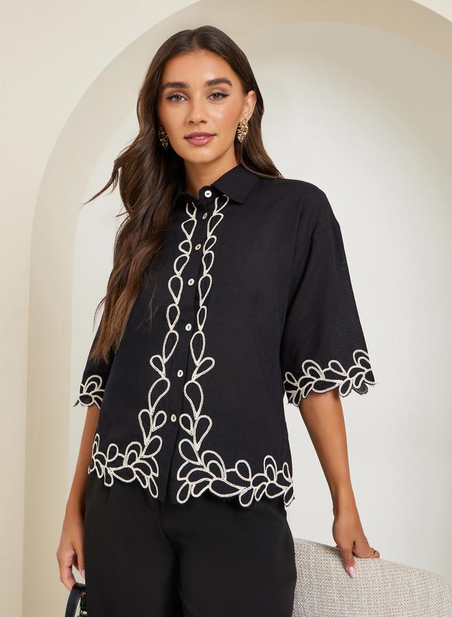 Styli Women Black Embroidered Short Sleeve Shirt - Image 1