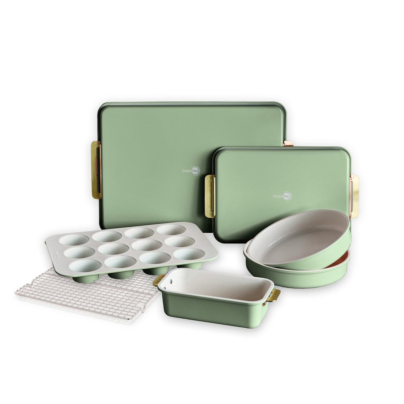 GreenPan Bakeware Set 7 Piece Nonstick Ceramic Gold Handle Baking Sheets Cake Pans Loaf Pan Muffin Tin Cooling Rack PFAS BPA Free Freezer to Oven Dish Bake Roast Ovenware Sage Green - Image 2