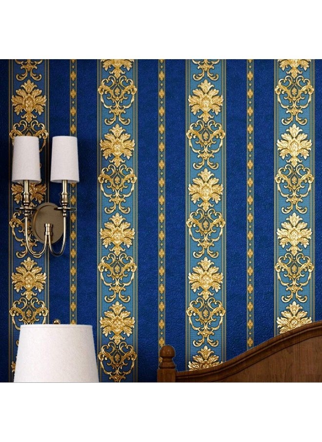 Dawei - Blue European 3D Damask Vertical Strip Pvc Waterproof Wallpaper Bedroom Living Room Hotel Tv Background Wall 1.73'W X 32.8'L Nonpasted - Image 1