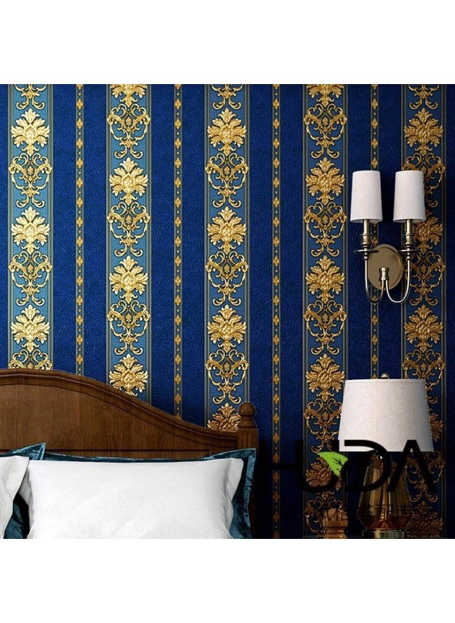 Dawei - Blue European 3D Damask Vertical Strip Pvc Waterproof Wallpaper Bedroom Living Room Hotel Tv Background Wall 1.73'W X 32.8'L Nonpasted - Image 1