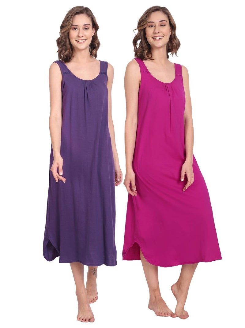 BLAZON Women's Cotton Hosiery Solid Maxi Dreams Nighty Slip Pack of 2 (Blue Lilac, Vivid Violet_XL) - Image 1