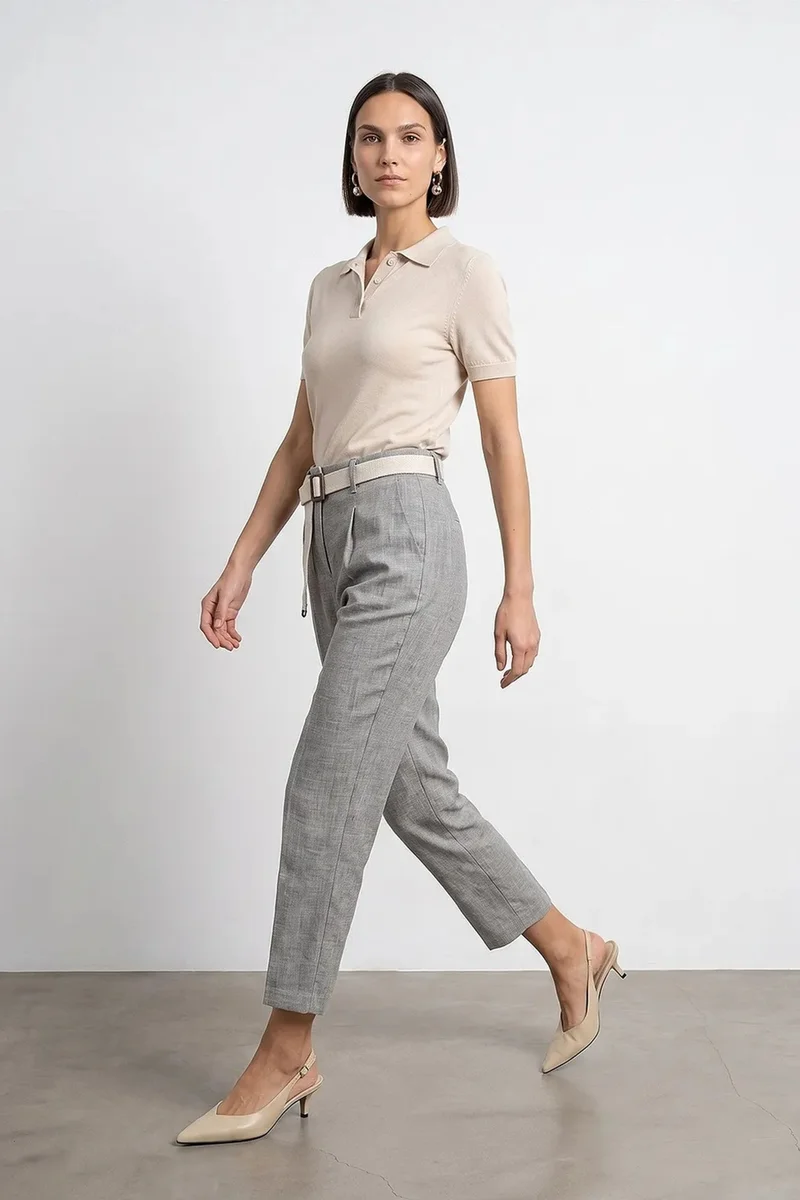Dilvin Light Grey DILVIN Belted Straight-leg Ankle Trousers for Women | Best Price UAE
