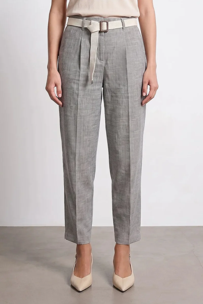Dilvin Light Grey DILVIN Belted Straight-leg Ankle Trousers for Women | Best Price UAE