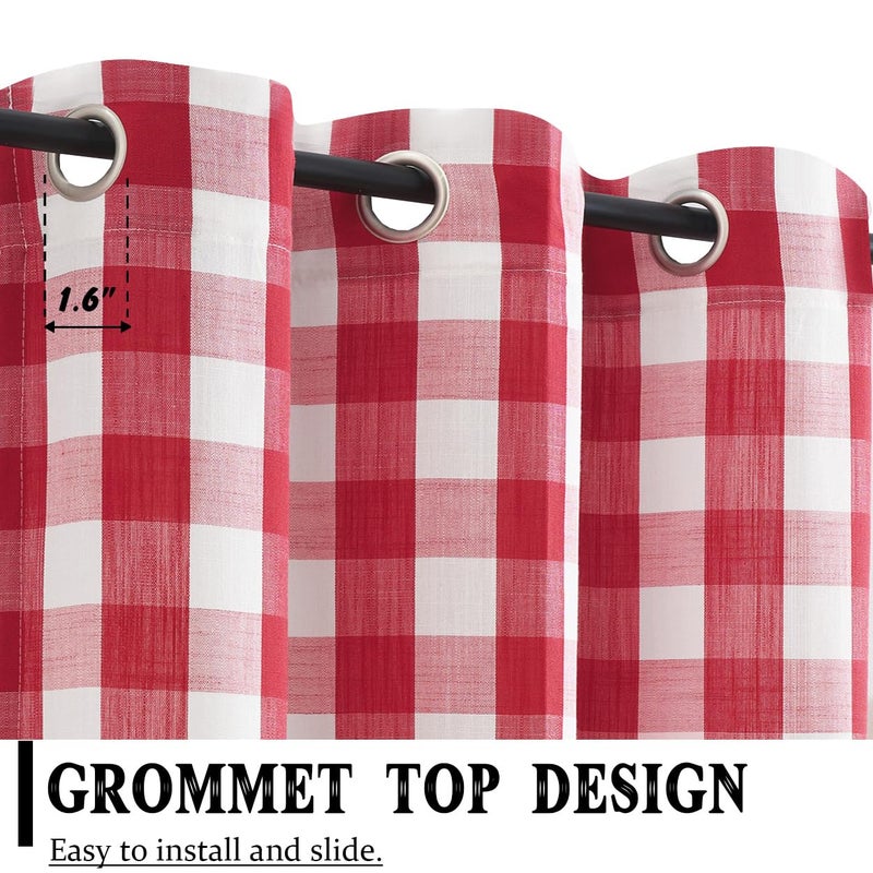 Jubilantex Red White Buffalo Check Semi Sheer Curtain Panels Gingham Plaid Textured Curtains Drapery,Farmhouse Grommet Window Drapes for Small Window,2 Panels,40"x54" - Image 4