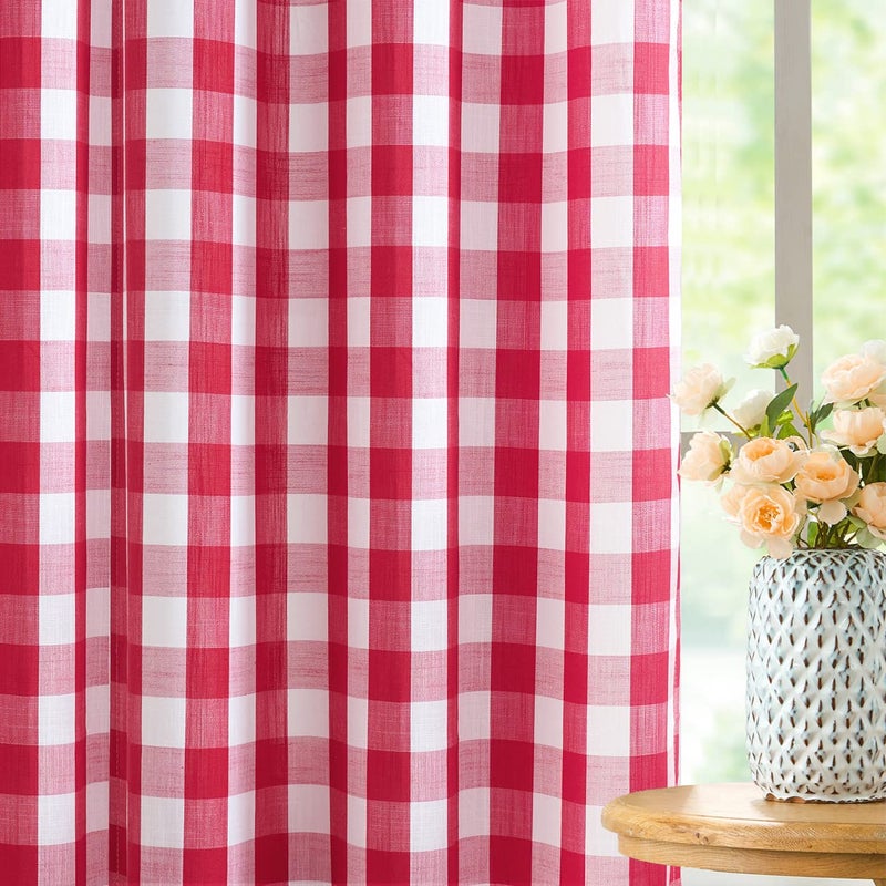 Jubilantex Red White Buffalo Check Semi Sheer Curtain Panels Gingham Plaid Textured Curtains Drapery,Farmhouse Grommet Window Drapes for Small Window,2 Panels,40"x54" - Image 2