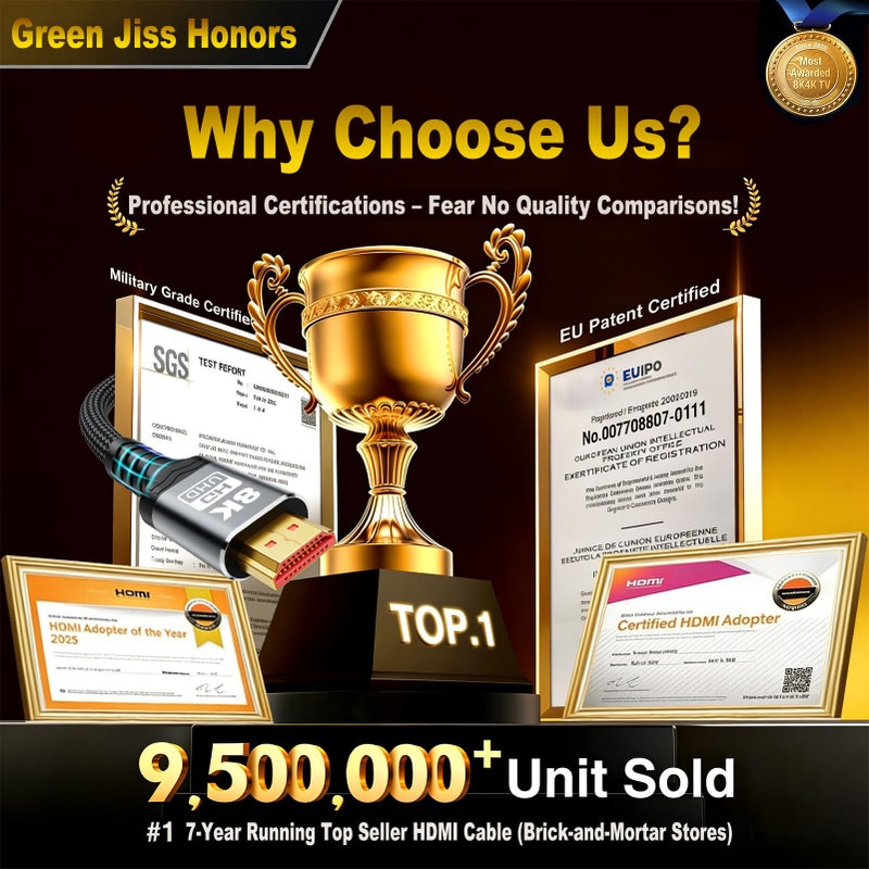 Green Jiss ðŸ‘ð«ð - ð†ðžð§ 10K 8K HDMI Cable 2.1, 1.5FT 3.3FT 5FT 6.6FT 10FT 13FT 16FT 20FT 25FT, 48Gbps Gold-Plated Ultra High Speed Military Grade Nylon Braided HDMI Cord 8K@60Hz /4K@120Hz, HDCP 2.2&2.3(1.5FT) - Image 3
