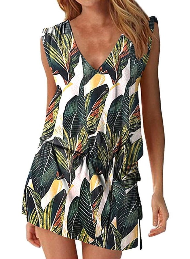Hount Women Summer Cover Ups V Neck Casual Loose Flowy Swing Sleeveless Dresses(Flower Green,Medium) - Image 1
