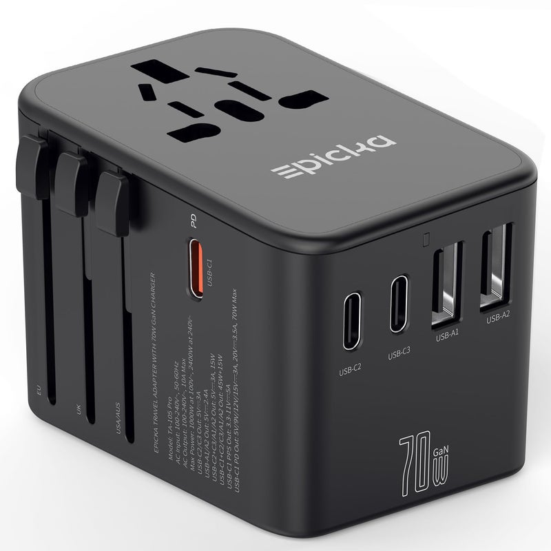EPICKA Universal Travel Adapter GaN International Plug Adapter with 3 USBC 70W PD Fast Charging 2 USBA Adaptor Allinone Wall Charger for USA EU UK AUS TA105 Pro Black