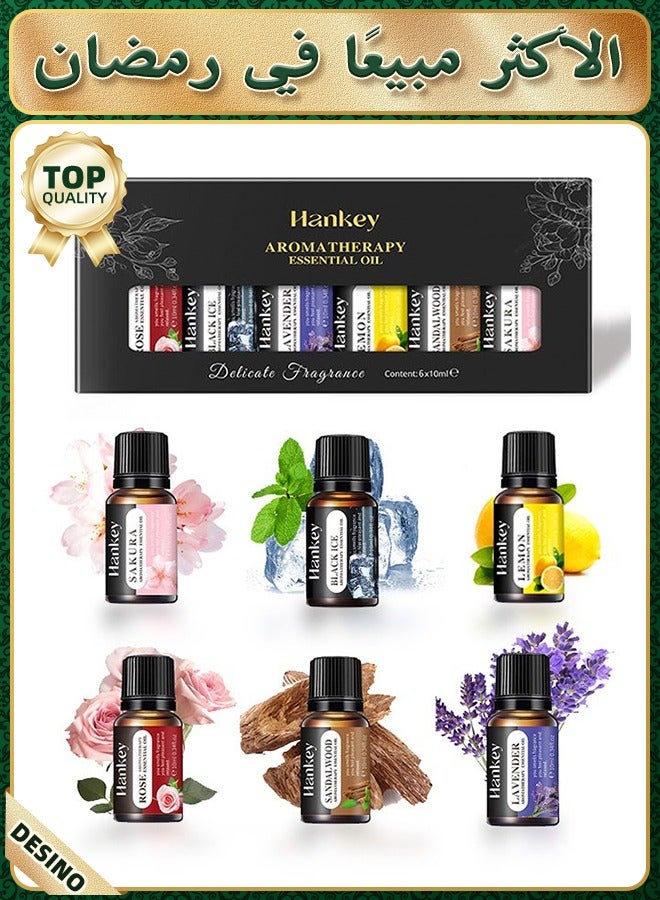 HANKEY Essential Oils Set 6 Pack – Rose, Lavender, Sandalwood, Lemon, Sakura, Black Ice – Aromatherapy Essential Oils for Diffusers, Humidifiers, Home Fragrance, Candle Making, Air Freshening & Relaxing Scent Oils (10mL) - Image 1