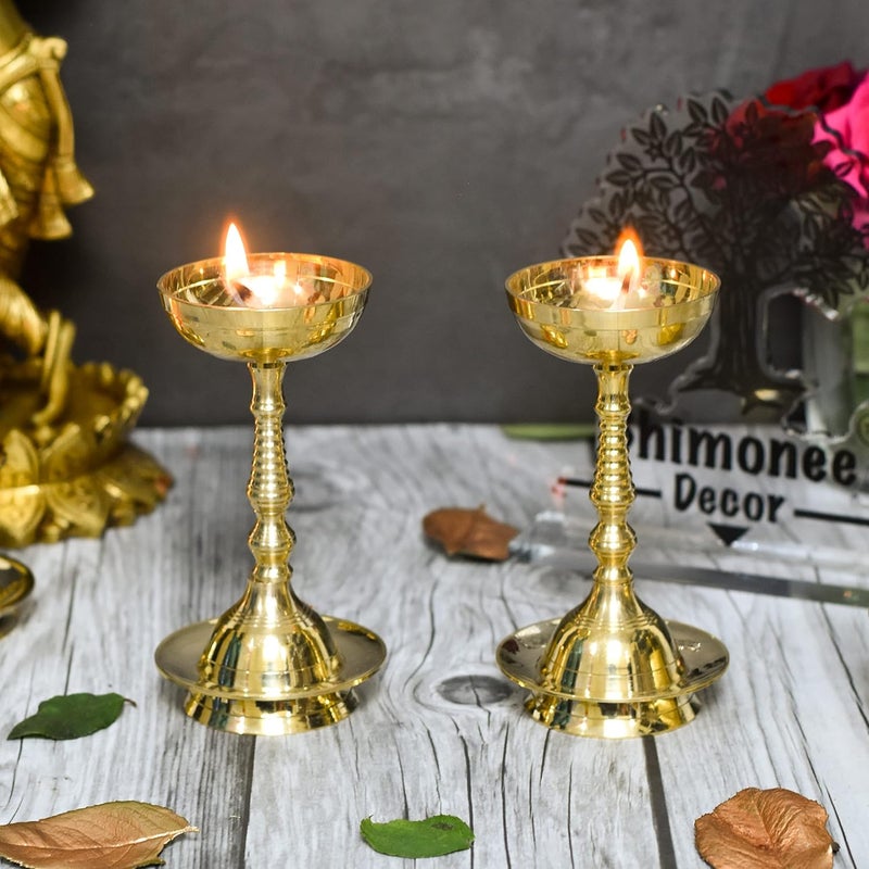 Bhimonee Decor وعاء ناندا من النحاس الأصفر الخالص بيموني 55 بوصة مع شمعة طويلة طاولة كبيرة عبوة من 2 قطعة مع لافانغا 2 قطعة - Image 1
