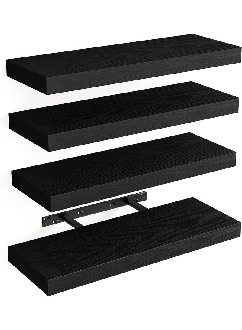 4Pcs Wall Mounted Shelves, Rustic Black Floating Wall Shelves, Large & Deep Sturdy Wall Storage Rack for Bedroom, Bathroom, Laundry, Kitchen, Living Room & Closet Decor - Image 1