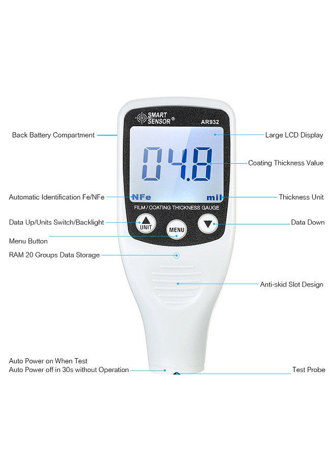 SMART SENSOR Digital Paint Coating Thickness Gauge Handheld Coatings Thickness Tester with Auto Function Fe/NF Probe Car Detector Automotive Coating Refinishing Cars Paint Tester Meter (0～1700um)