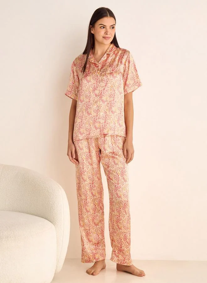 سبلاش فيڤ طقم بيجامة مطبوع بالزهور بياقة كامب وخصر مطاطي