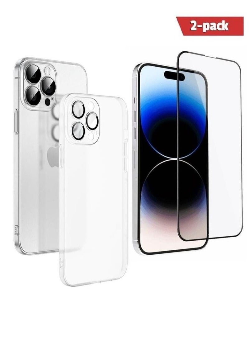 2Pack for iPhone 14 Pro Soft TPU Case Cover with Screen Protector 9H Tempered Glass White/Clear - Image 1