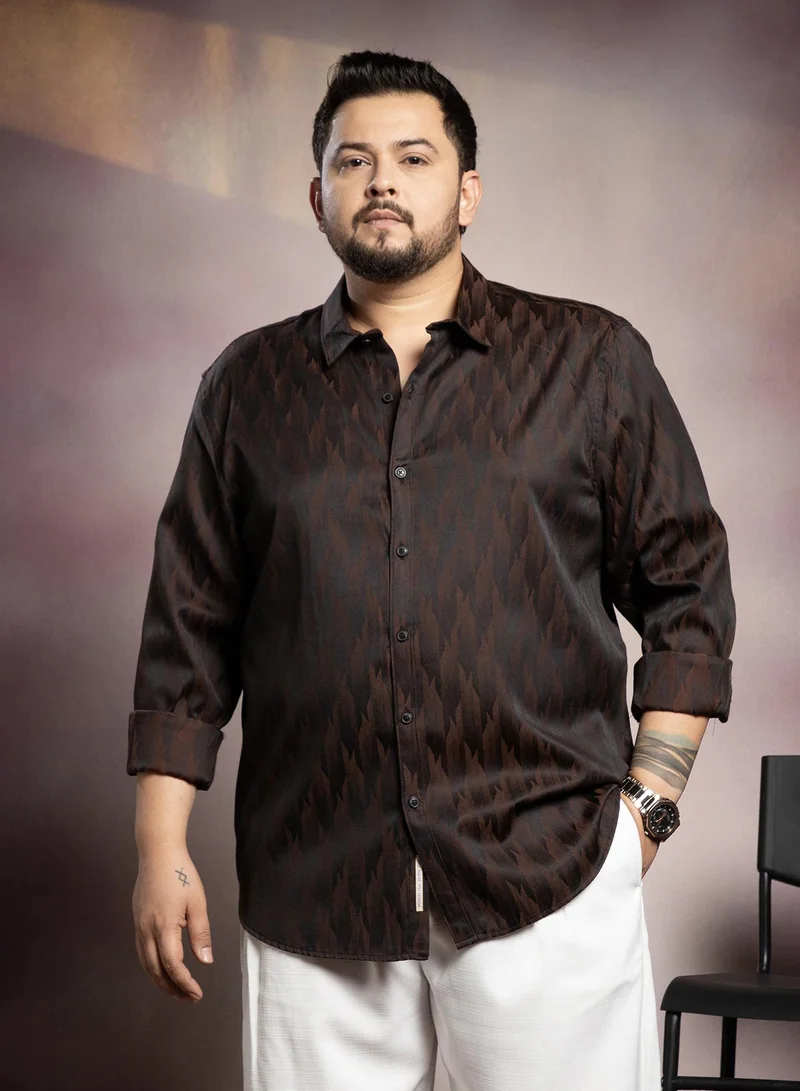 Instafab Plus Instafab Plus Men's Chocolate  Brown Contour -Weave Shirt For Casual Wear | Spread Collar | Long Cuffed Sleeves | Button Closure | Plus Size Shirt Crafted With Comfort Fit For Everyday Wear